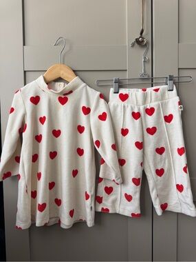 Mini Rodini Girls Ivory Velour Trousers with Red Heart Print